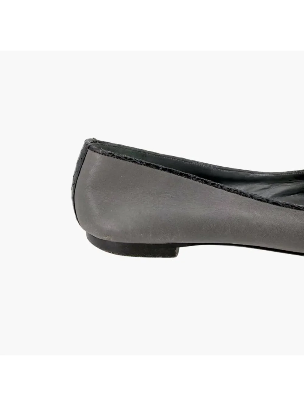Chanel CC Cap Toe Ballet Flats Bow Gray Leather Black Snake Size 37 US 6-6.5